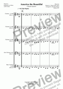 page one of America the Beautiful - Clarinet Quartet