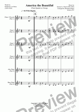 page one of America the Beautiful - Flute Quartet or Group