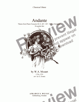 page one of Andante from piano concerto no. 21 (Elvira Madigan) for guitar duet 