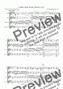 page one of Mendelssohn: Song without Words, Book 1, #5 for Flute Choir (2 fl, afl, bass fl)