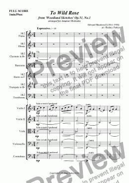 page one of To Wild Rose arr. for Amateur Orchestra