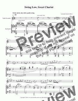 page one of Swing Low, Sweet Chariot for Treble Recorder & Piano