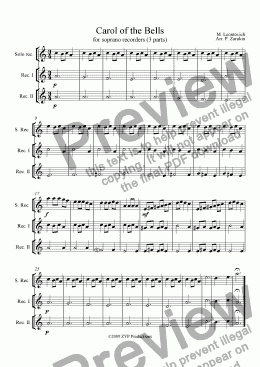 page one of "Carol of the Bells" for recorders