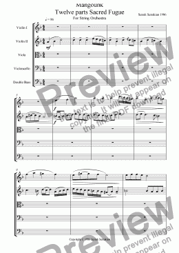 page one of Mangounk Twelve parts Sacred Fugue for String Orchestra