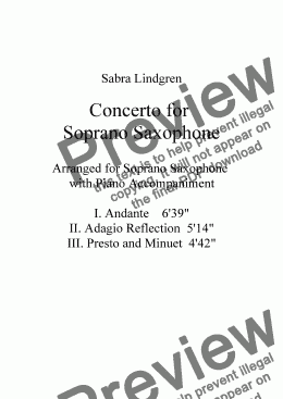page one of Concerto for Soprano Saxophone, I. Andante, for Solo Soprano Saxophone with Piano Accompaniment