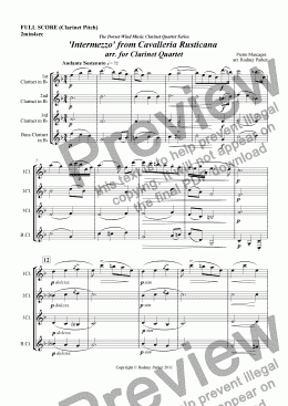 page one of 'Intermezzo' from Cavalleria Rusticana arr. for Clarinet Quartet