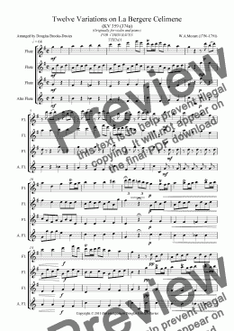 page one of Mozart: 12 Variations on ’La Bergere Celimene’ (K. 359) for 3 flutes and alto fl.