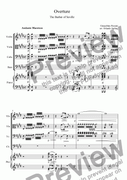 page one of Barber of Seville Overture for piano, violin, viola, cello and bass