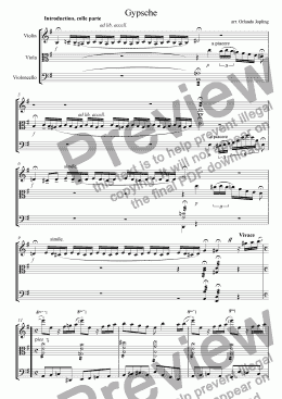 page one of Gypsche - virtuosic hungarian folk song arranged for violin, viola and cello