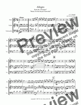 page one of Allegro -Royal Fireworks (flute, violin, cello)