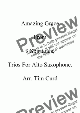 page one of Amazing Grace. Saxophone Trio