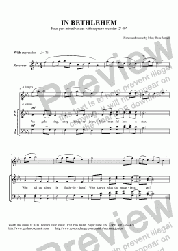 page one of In Bethlehem (SATB + Recorder) Christmas choral anthem 
