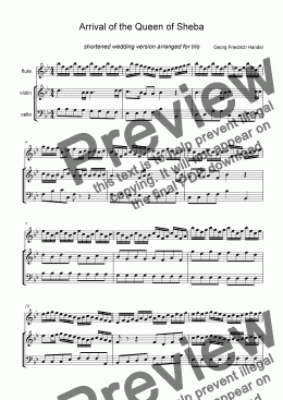 page one of Arrival of the Queen of Sheba-shortened wedding version arranged for flute,violin and cello