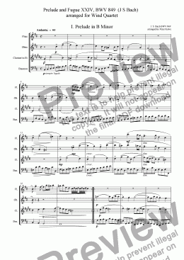 page one of Prelude and Fugue XXIV, BWV 849  (J S Bach)   arranged for Wind Quartet