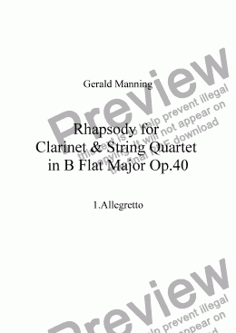 page one of Rhapsody for Clarinet & String Quartet  in B Flat Major Op.40