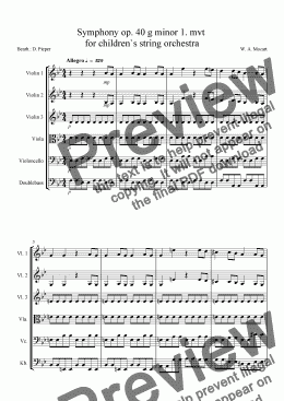 page one of Mozart Symphony op. 40 g minor 1. mvt  for children`s string orchestra