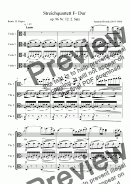 page one of Dvorak: American string quartet op. 96- 2. mvt for viola quartet