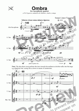 page one of Ombra for saxophone quartet