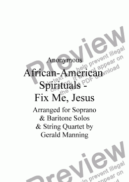 page one of African-American Spirituals - Fix Me, Jesus for Solo Soprano & Baritone & String Quartet arr. by Gerald Manning