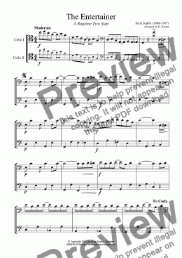 page one of The Entertainer for cello duet (abridged)