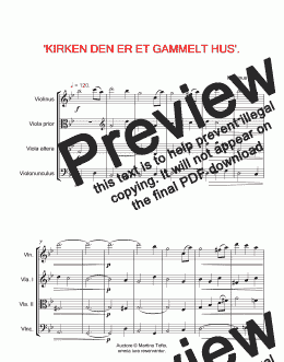 page one of 'KIRKEN DEN ER ET GAMMELT HUS', an arrangement for string quartet of an old Danish choral