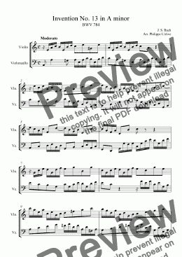 page one of Invention No.13 in A minor for Violin & Cello