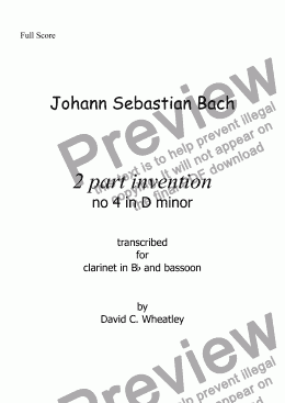 page one of Bach - 2 part invention no 4 transcribed for Bb clarinet and bassoon by David Wheatley 