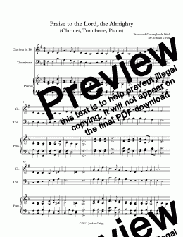 page one of Praise to the Lord, the Almighty (Clarinet, Trombone, Piano)