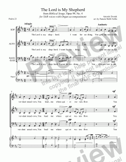 page one of The Lord is My Shepherd (23rd Psalm) (DVORAK) for 3-part Mixed Voices (Soprano Alto Bass-Baritone) with organ accompaniment