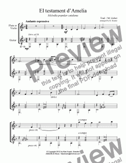 page one of El testament d’Amelia for violin or flute (recorder) and guitar