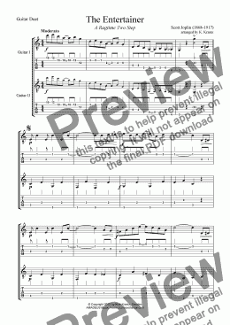 page one of The Entertainer for easy guitar duet (abridged) +TAB