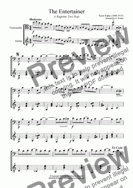 page one of The Entertainer for cello and guitar (abridged)