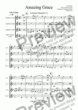 page one of Amazing Grace - Clarinet Quartet v2