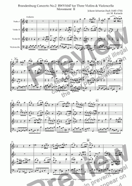 page one of Brandenburg Concerto No.2  BWV1047 for Three Violins & Violoncello Movement  II