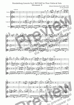page one of Brandenburg Concerto No.2  BWV1047 for Three Violins & Viola Movement  II