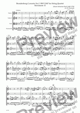 page one of Brandenburg Concerto No.2 BWV1047 Movement II for String Quartet