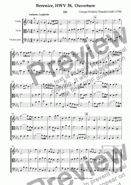 page one of Berenice, Queen of Egypt (HWV38) Overture, ’Andante, Larghetto’ & Gigue for String Trio