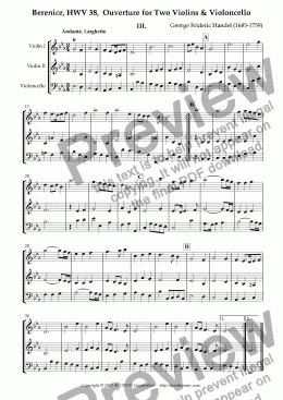 page one of Berenice, Queen of Egypt (HWV38) Overture, ’Andante, Larghetto’ & Gigue for Two Violins & Violoncello