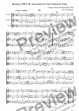page one of Berenice, Queen of Egypt (HWV38) Overture, ’Andante, Larghetto’ & Gigue for Two Violins & Viola