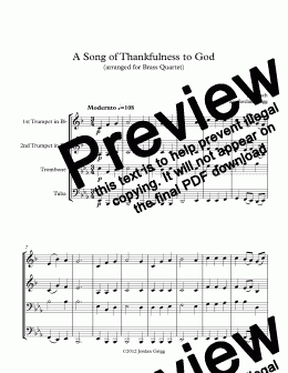 page one of A Song of Thankfulness to God (arranged for Brass Quartet)