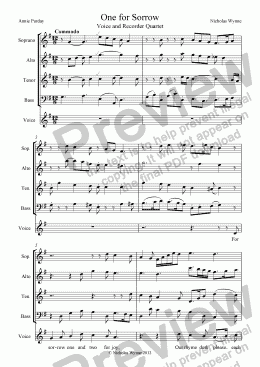 page one of One for Sorrow for Voice and Recorder Quartet