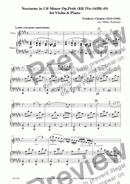page one of Nocturne in C# Minor Op.Poth (KK IVa-16/BI-49) for Violin & Piano