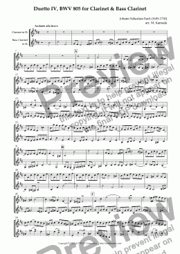 page one of Duetto IV, BWV 805 for Clarinet & Bass Clarinet