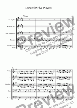 page one of Dance for Five Players (juvenilia, cor anglais + clarinet + bass clarinet + alto saxophone + bassoon)