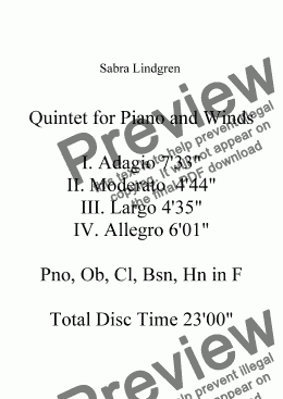 page one of Quintet for Piano and Winds II. Moderato