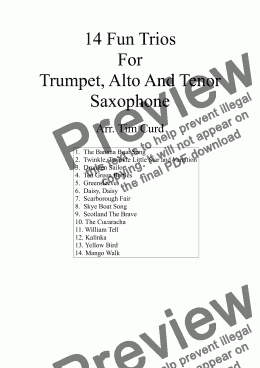 page one of 14 Fun Trumpet Trios For Trumpet, Alto And Tenor Saxophone.