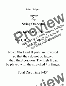 page one of Prayer for String Orchestra Arr. for H.S. Orchestra