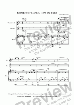 page one of Romance for Clarinet, Horn and Piano