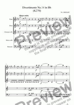 page one of Mozart: Divertimento No.14 in Bb  (K270) arr.wind quintet