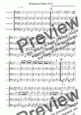 page one of Hungarian Dance No.5 for Cello Quartet
